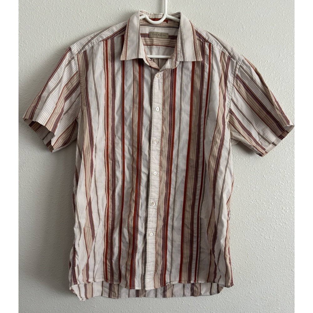 Ted Baker Men's Size 4 Large Short Sleeve Striped Button Up Shirt 100% Cotton